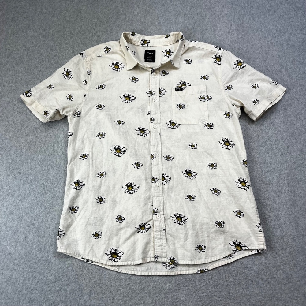 RVCA Shirt Mens Large White Floral Daisy Cotton Linen Button Up Short Sleeve L